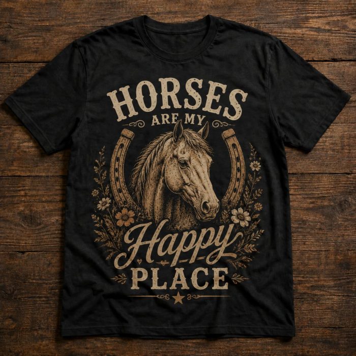 Horses Are My Happy Place T-Shirt – Vintage Equestrian Horse Lover Tee