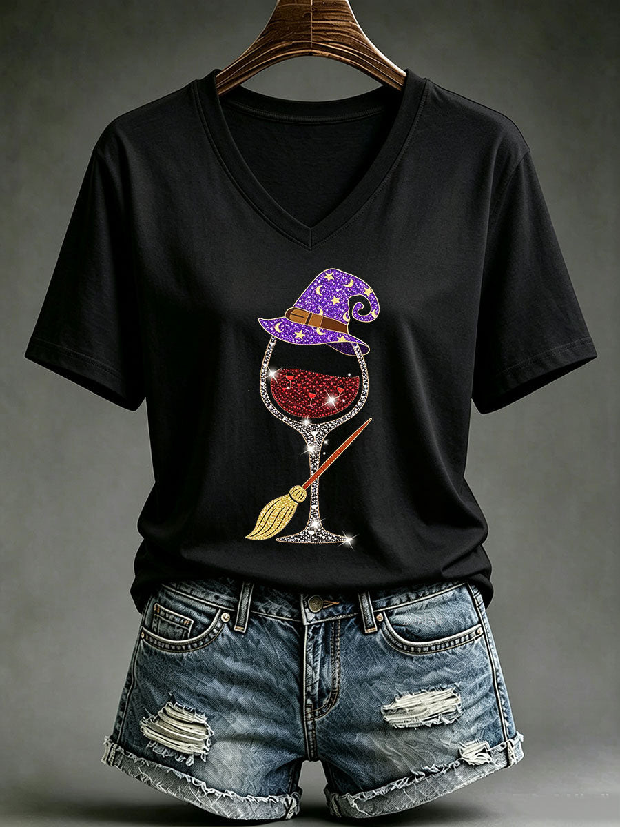 Halloween Merch Halloween Witch Wine Glass V-Neck Shirt Spooky Season Gifts For Sister - GWH