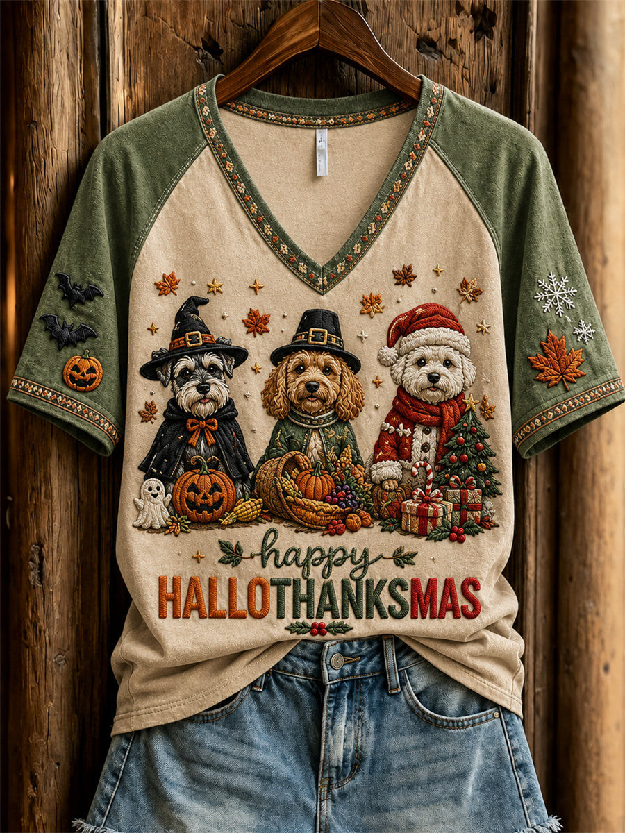 Halloween Merch Happy Hallothanksmas Holiday Season Dog V-Neck Shirt Gifts For Dog Mom - GWH