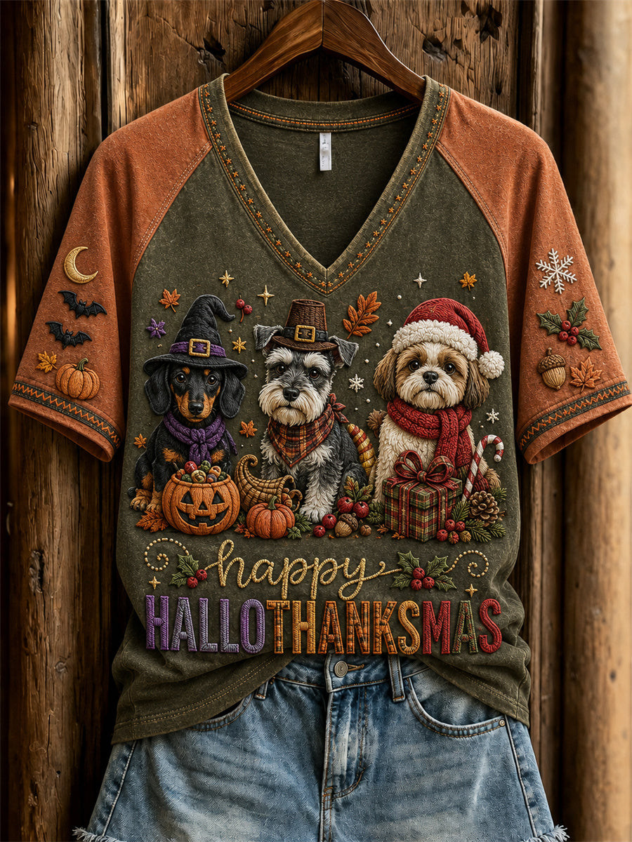 Halloween Merch Happy Hallothanksmas Holiday Season Dogs V-Neck Shirt Dog Lovers Gifts - GWH