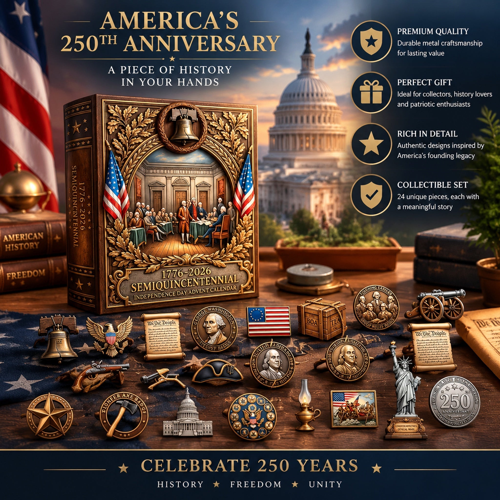 1776-2026 Semiquincentennial Advent Calendar Independence Day Countdown Patriotic Gift - GWH