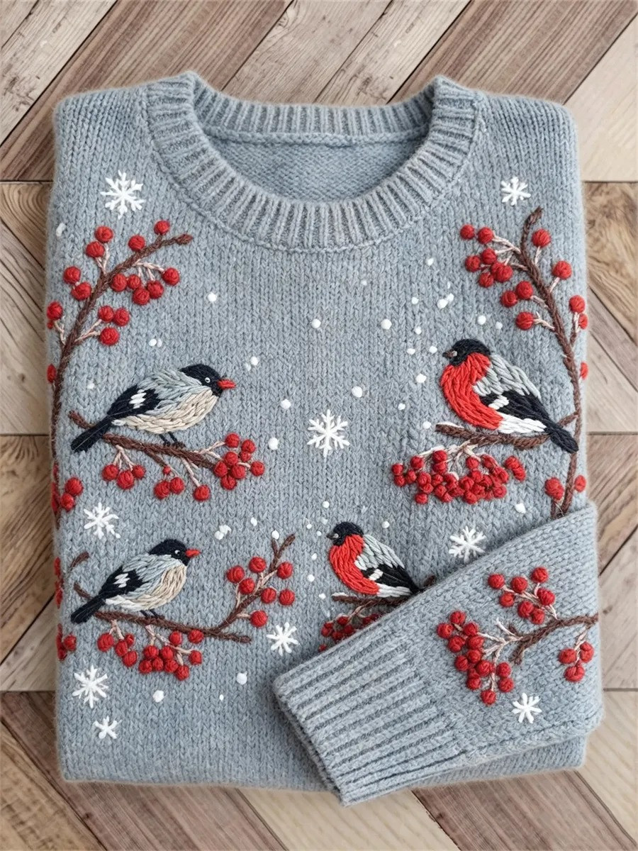 Birds Berries Snowflake Sweater Winter Apparel Gifts For Women - GWH