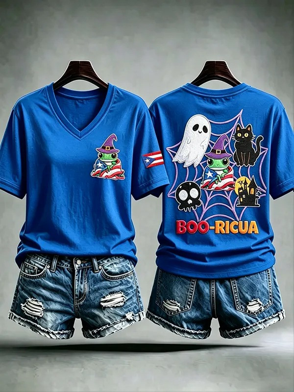 Booricuan Proud Boo Ricua V-Neck T-Shirt Funny Halloween Merch Gifts For Girls - GWH