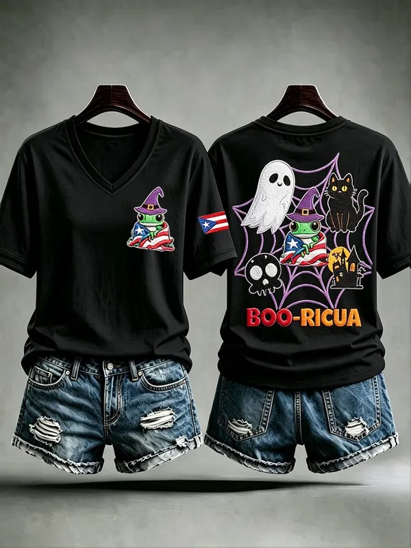 Booricuan Proud Boo Ricua V-Neck T-Shirt Funny Halloween Merch Gifts For Wife - GWH