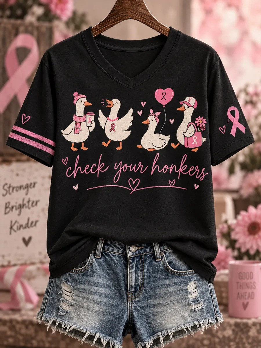 Breast Cancer Awareness Merch Duck Check Your Honkers V-Neck Shirt Cancer Support Shirt - GWH
