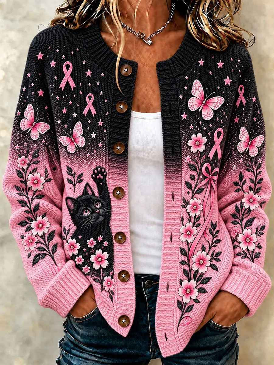 Breast Cancer Merch Black Cat And Pink Pattern Cardigan Apparel Gift For Women - GWH