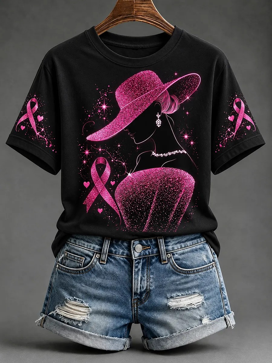 Breast Cancer Merch Black T-Shirt Pink Ribbon Pattern Apparel Gift For Women - GWH