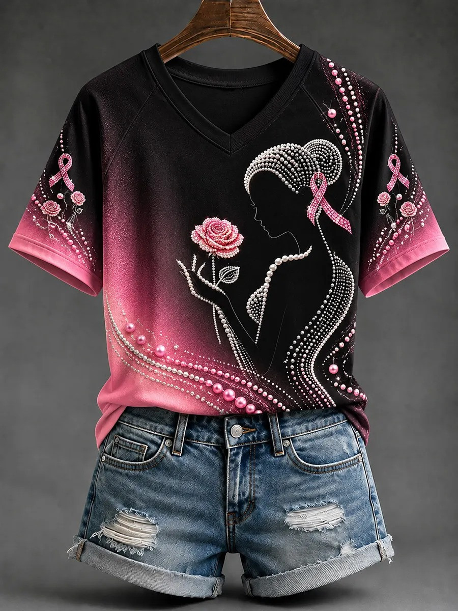 Breast Cancer Merch Elegant Lady Pink Ribbon T-Shirt Breast Cancer Survivor Gifts For Women - GWH