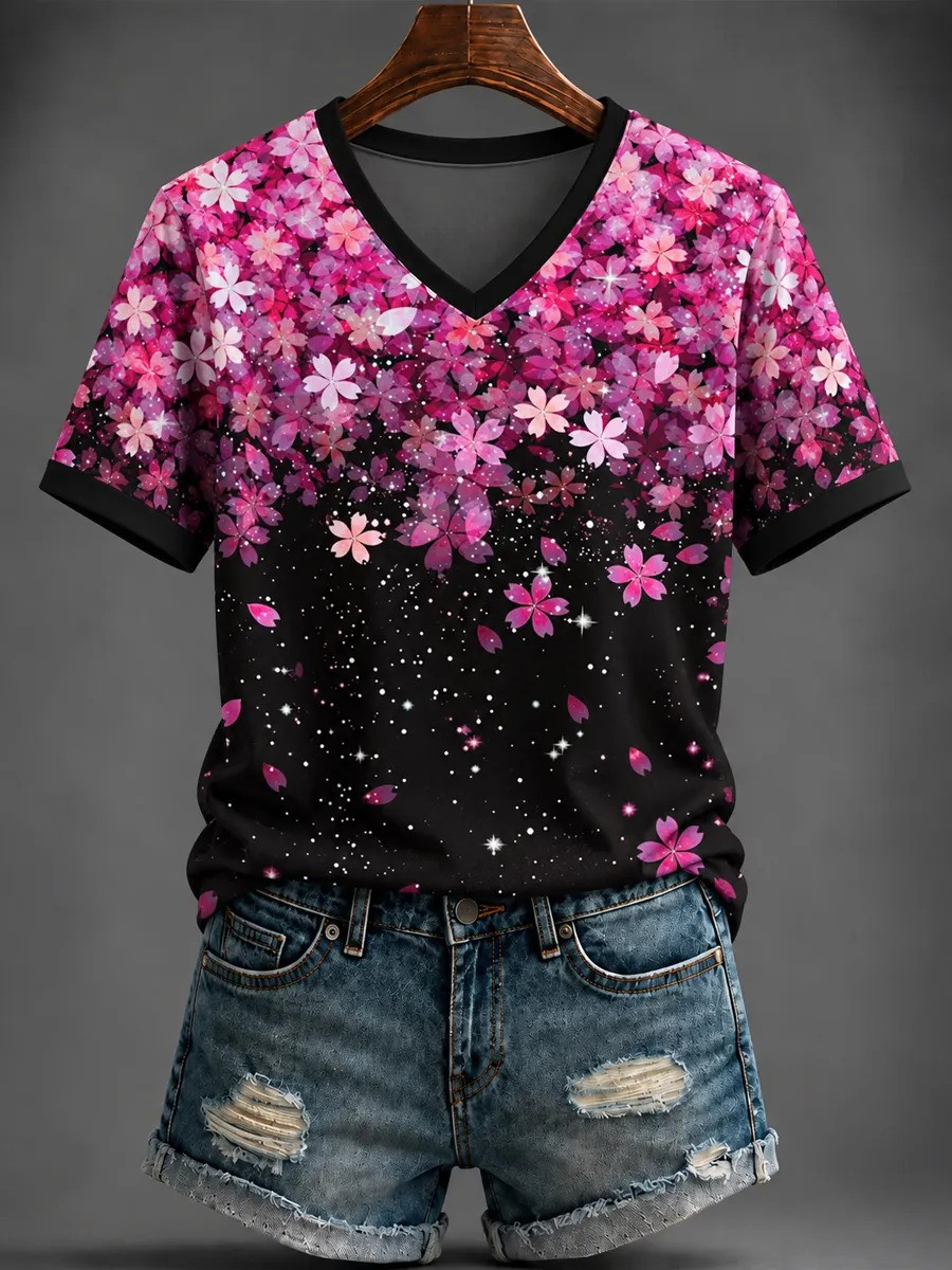 Breast Cancer Merch Floral Pink V-Neck T-Shirt Breast Cancer Support Apparel Gift For Women - GWH