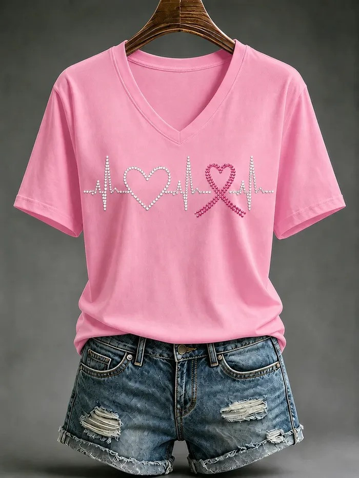Breast Cancer Merch Heart V-Neck T-Shirt Breast Cancer Awareness Apparel Gifts For Wife - GWH