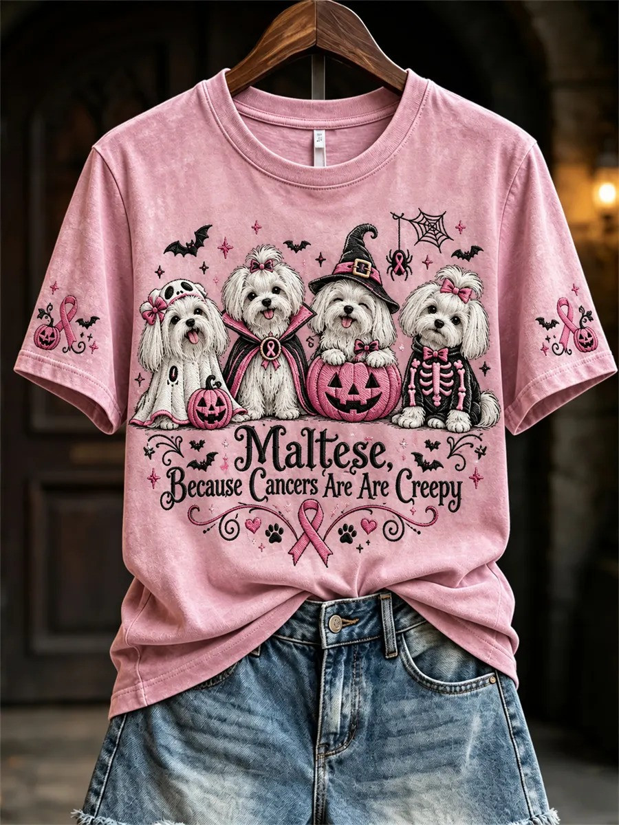 Breast Cancer Merch Maltese Because Cancers Are Creepy T-Shirt Pink Dogs Apparel Gift For Women - GWH