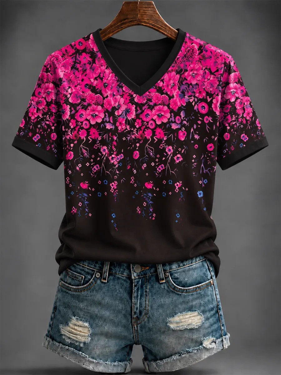 Breast Cancer Merch Pink Flowers V-Neck T-Shirt Breast Cancer Awareness Apparel Gift For Women - GWH