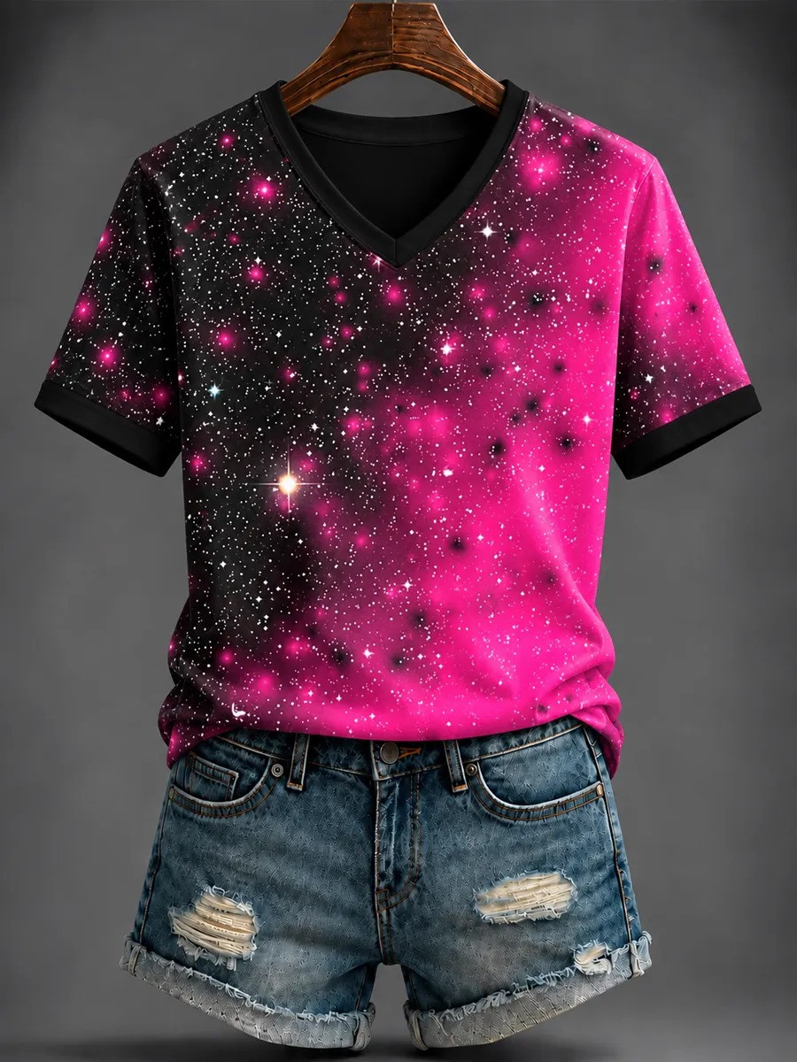 Breast Cancer Merch Pink Galaxy V-Neck T-Shirt Breast Cancer Month Apparel Gift For Women - GWH