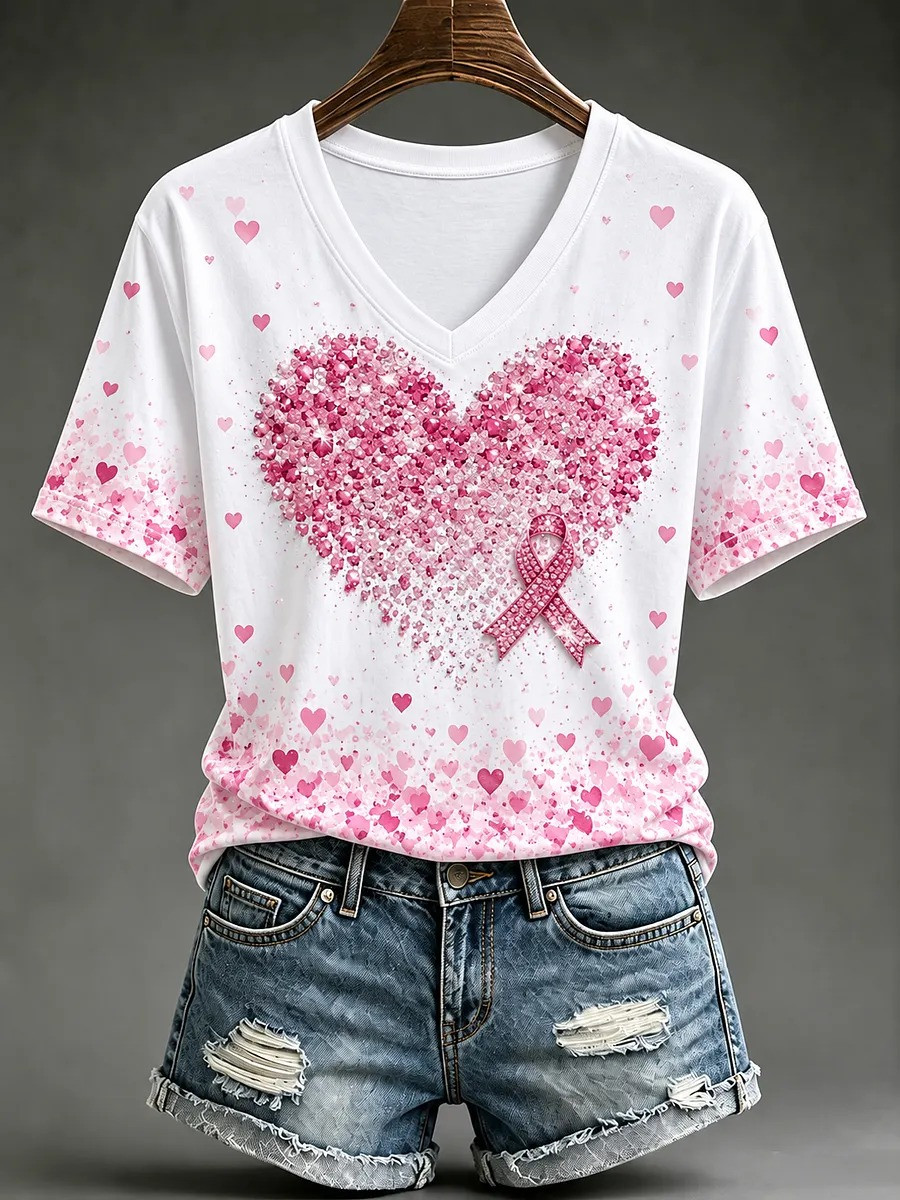 Breast Cancer Merch Pink Heart V-Neck T-Shirt Breast Cancer Month Apparel Gift For Women - GWH