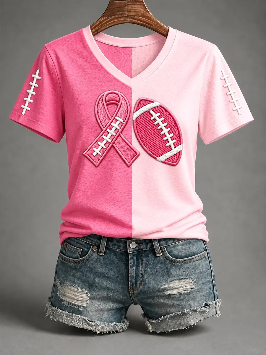 Breast Cancer Merch Pink Ribbon Football V-Neck Tee Breast Cancer Support Apparel Gift For Wife - GWH