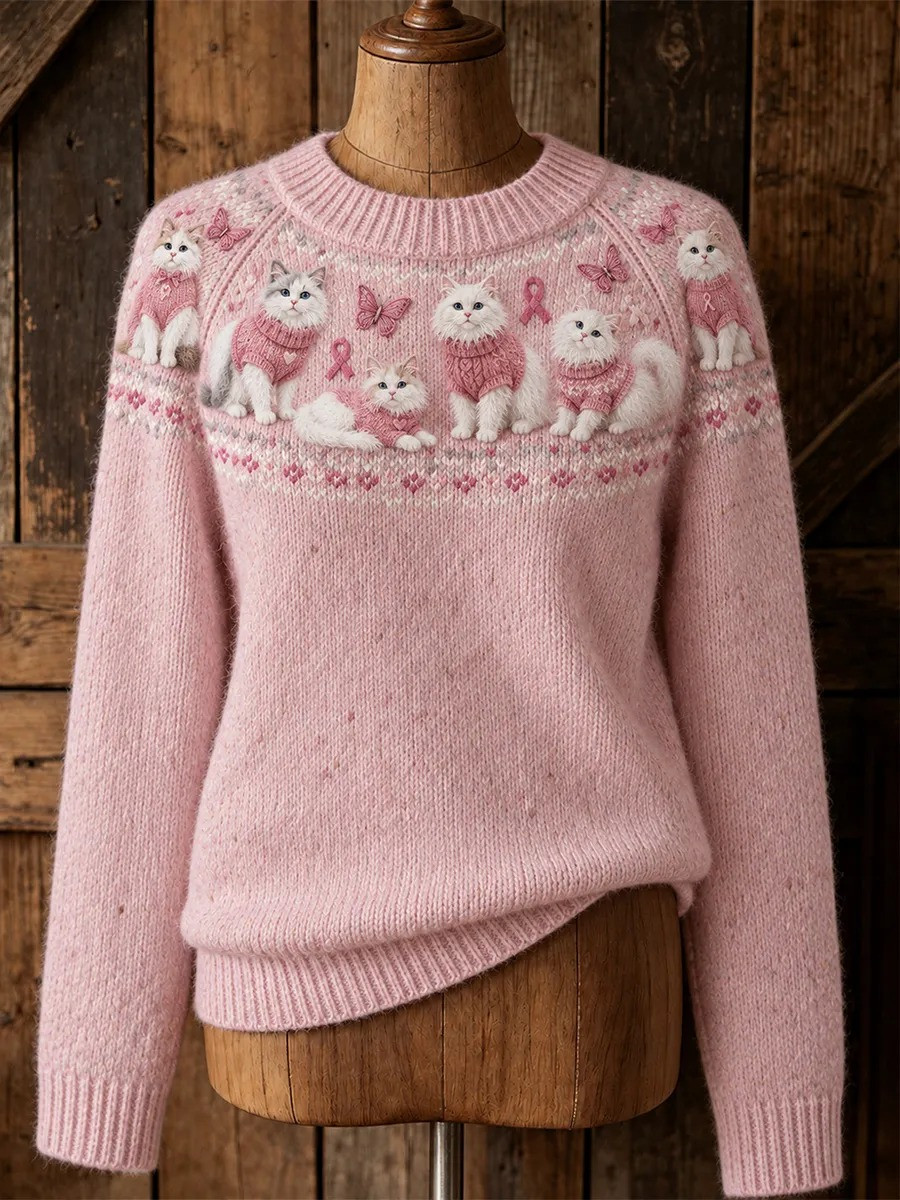 Breast Cancer Merch Pink Sweater Breast Cancer Support Apparel Gift For Cat Lovers - GWH