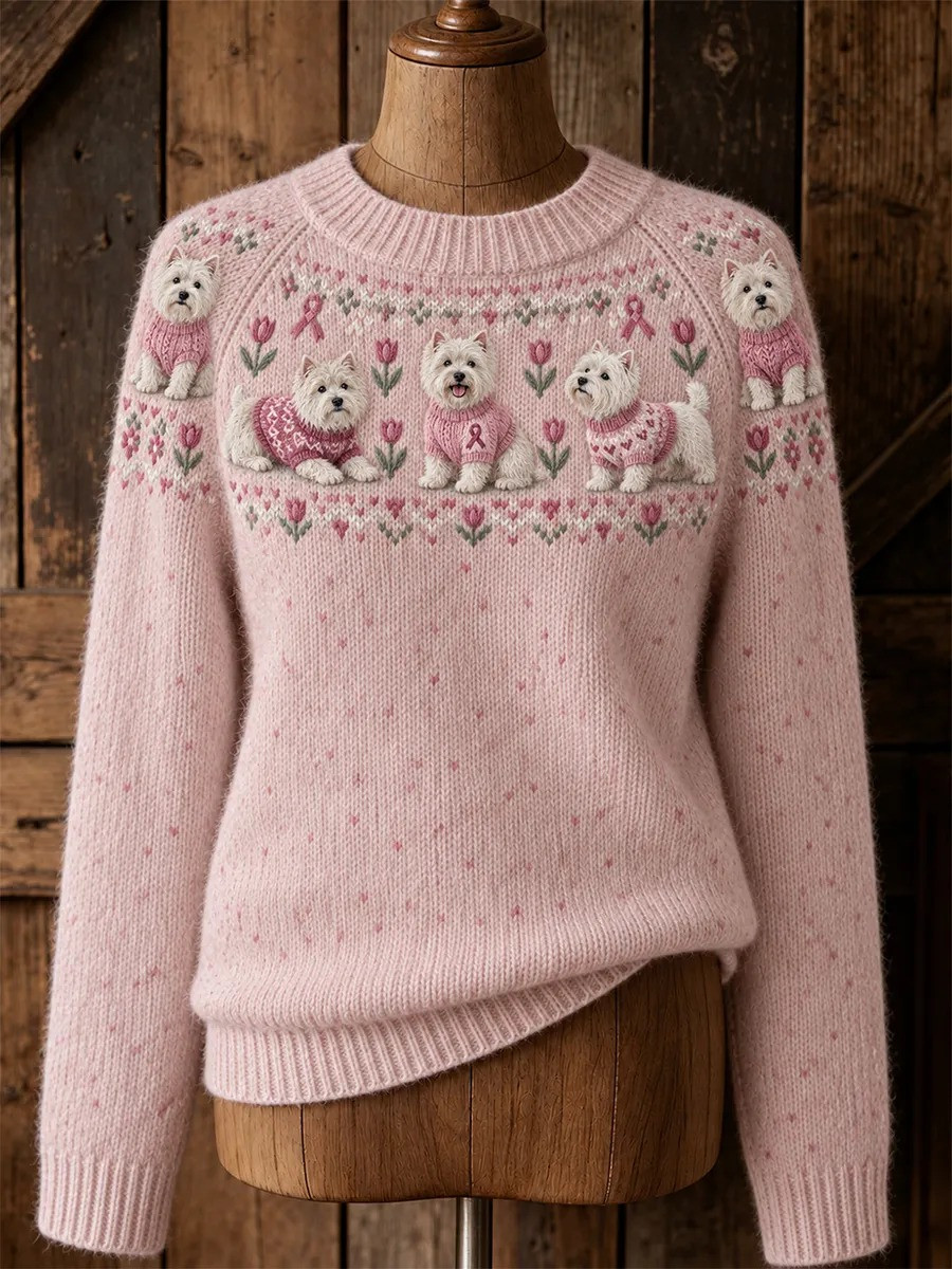 Breast Cancer Merch Pink Sweater Dog Pattern Breast Cancer Apparel Gift For Women - GWH