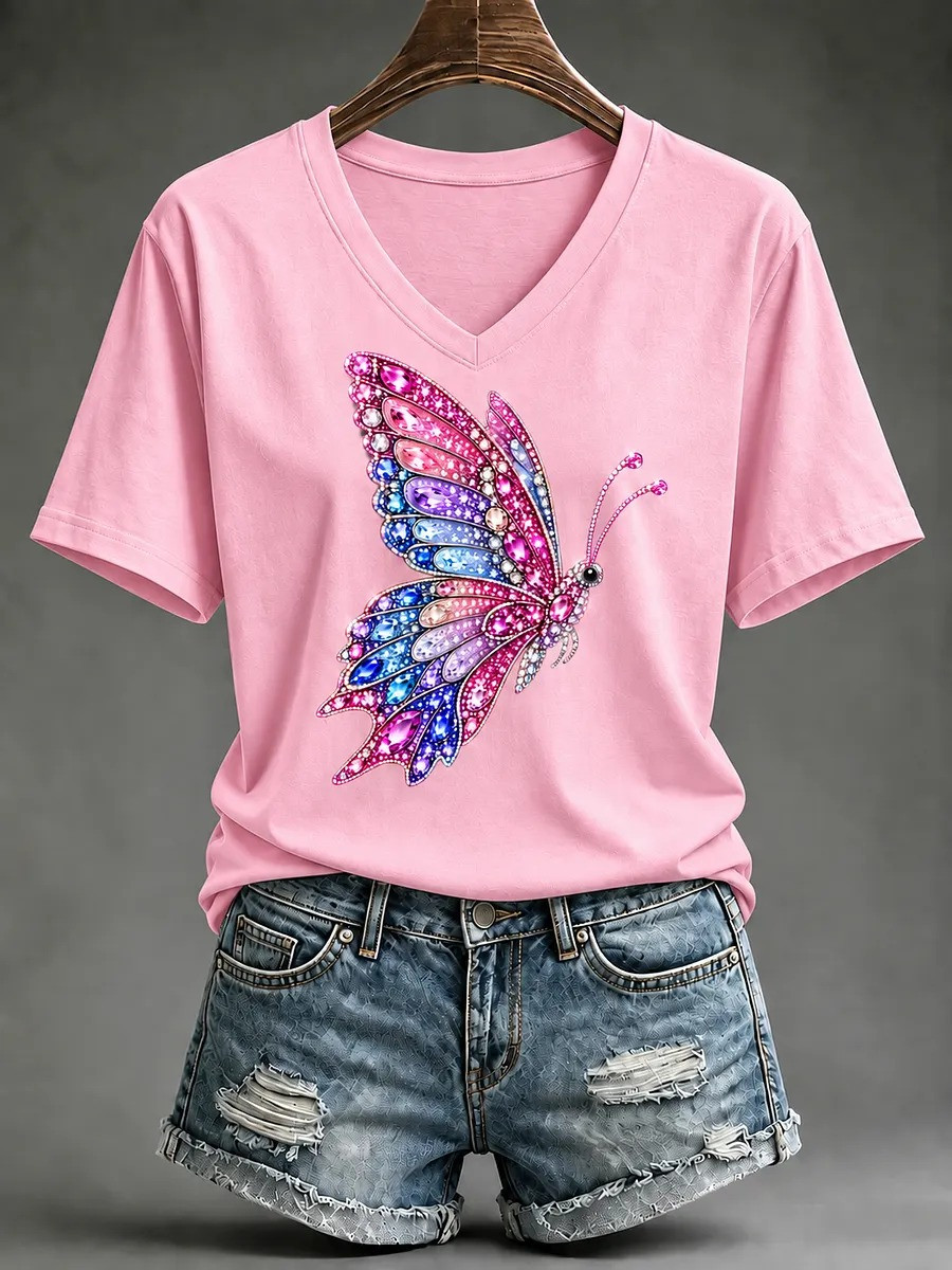 Breast Cancer Merch Pink V-Neck T-Shirt Butterfly Breast Cancer Apparel Gift For Wife - GWH