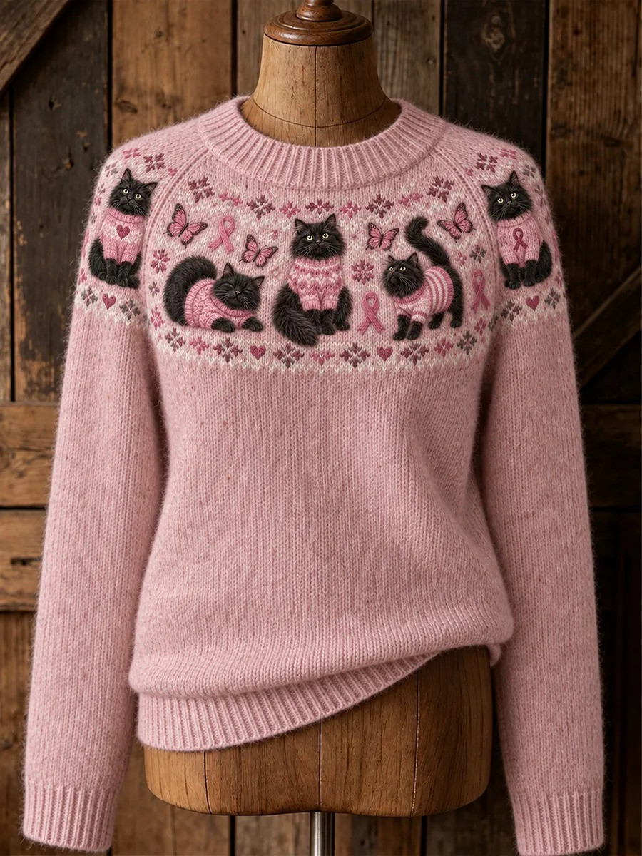 Breast Cancer Merch Sweater Breast Cancer Support Black Cat Apparel Gift For Cat Lovers - GWH