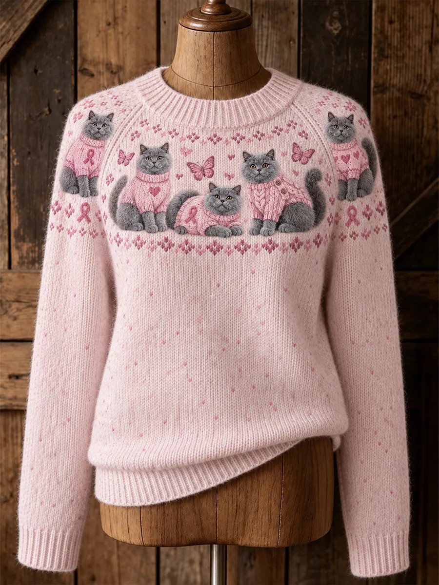 Breast Cancer Merch Sweater Breast Cancer Support Cute Cat Apparel Gift For Cat Lovers - GWH