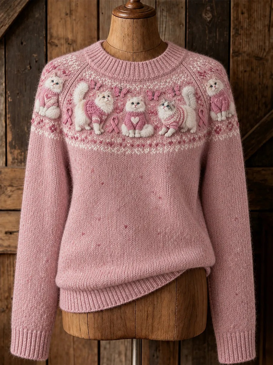 Breast Cancer Merch Sweater Breast Cancer Support Pink Cat Apparel Gift For Cat Lovers - GWH