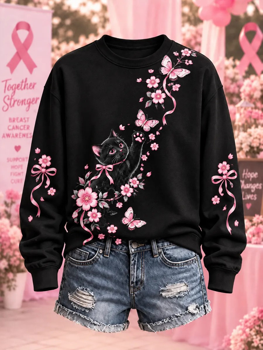 Breast Cancer Merch Sweatshirt Black And Pink Cat And Ribbon Apparel Gift For Women - GWH