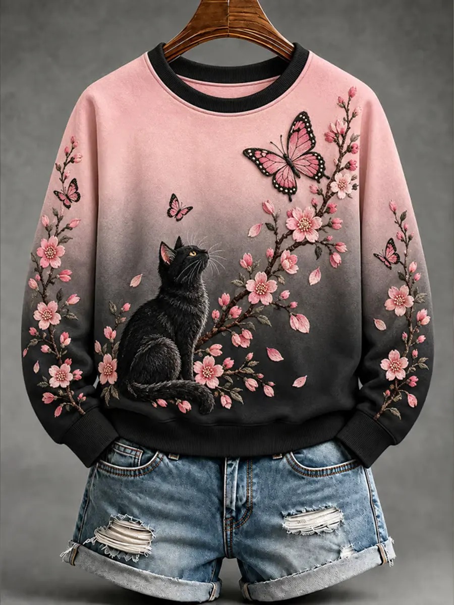 Breast Cancer Merch Sweatshirt Black Cat And Floral Apparel Gift For Women - GWH