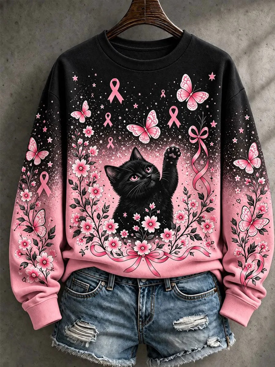 Breast Cancer Merch Sweatshirt Black Cat And Pink Pattern Apparel Gift For Women - GWH