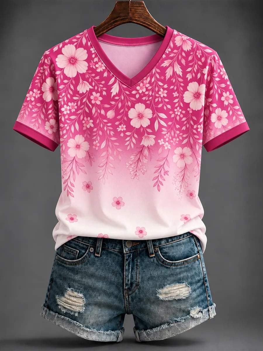 Breast Cancer Merch V-Neck T-Shirt Breast Cancer Support Flowers Apparel Gift For Women - GWH