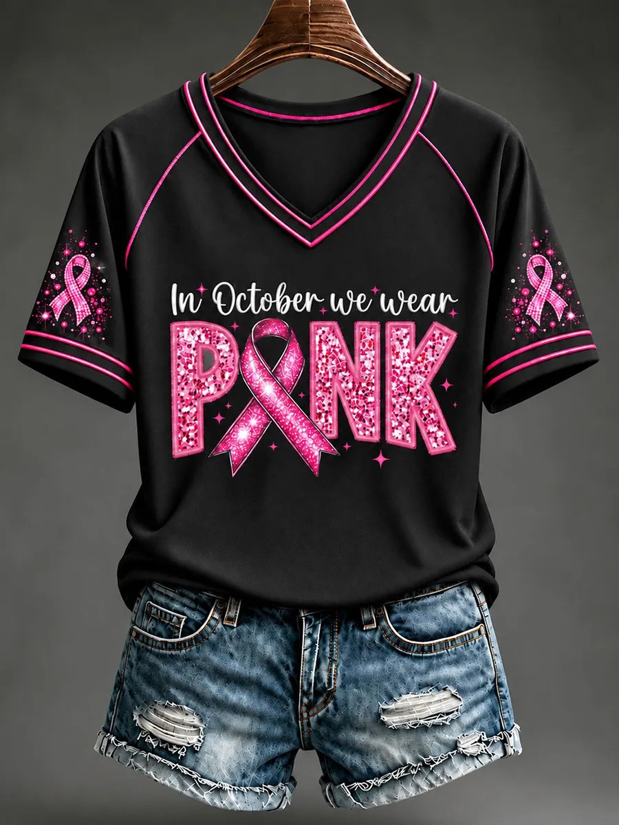 Breast Cancer Merch V-Neck T-Shirt In October We Wear Pink Apparel Gift For Women - GWH