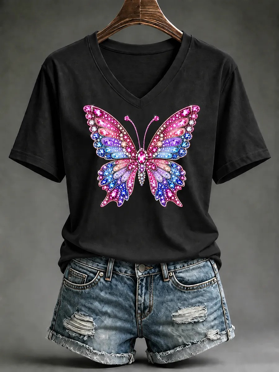 Breast Cancer Merch V-Neck T-Shirt Pink Butterfly Apparel Gift For Wife - GWH