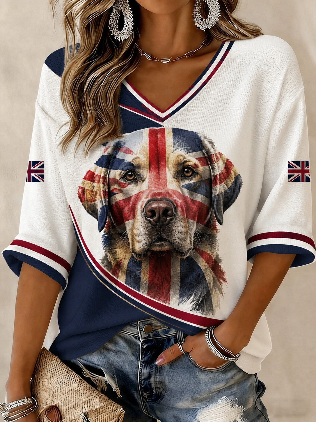 British Bulldog Merch Union Jack Flag V-Neck Raglan Shirt Retro 90s Apparel Best Gift For Women - GWH