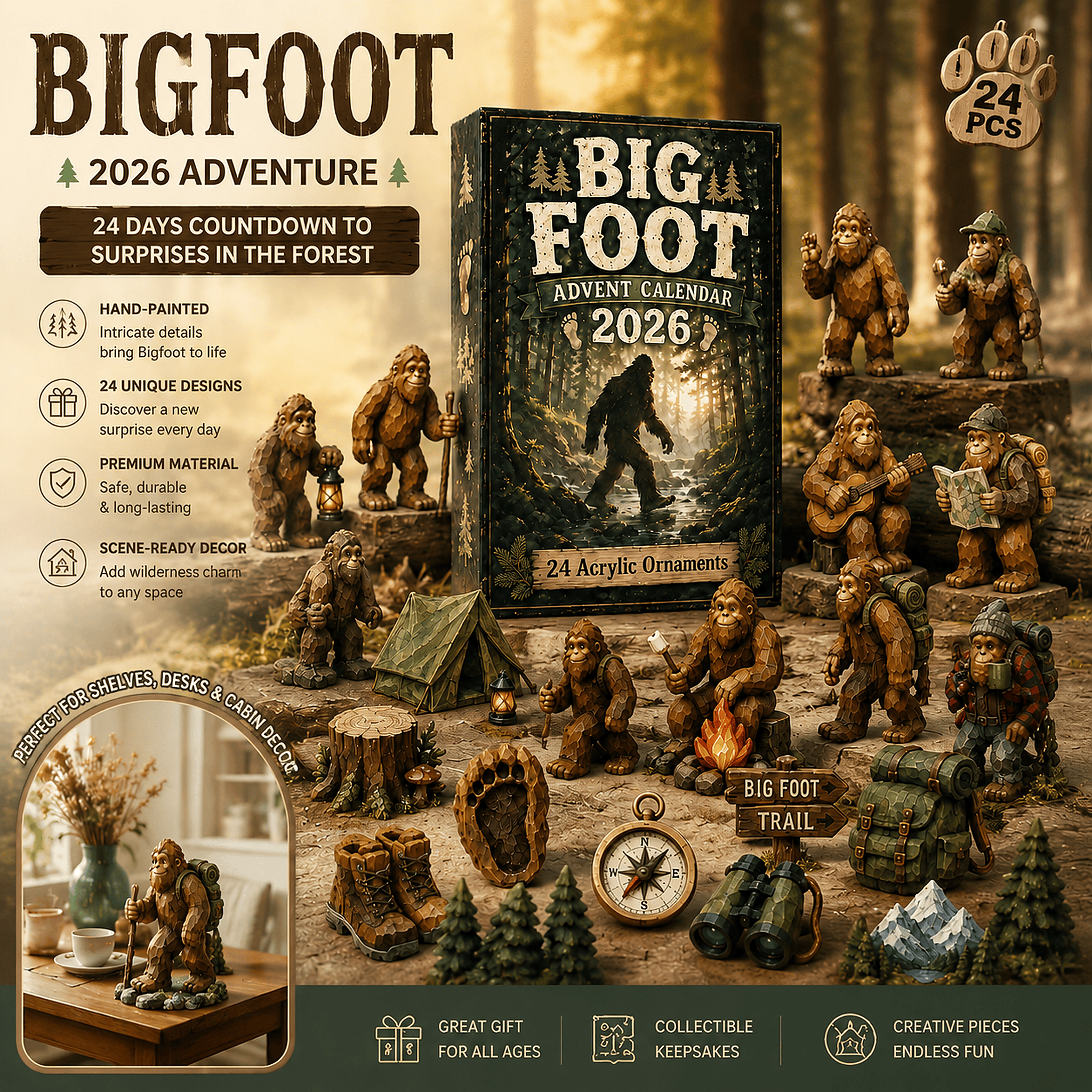 Camping Bigfoot Advent Calendar 2026 24 Day Christmas Countdown Bigfoot Lover Gift - GWH