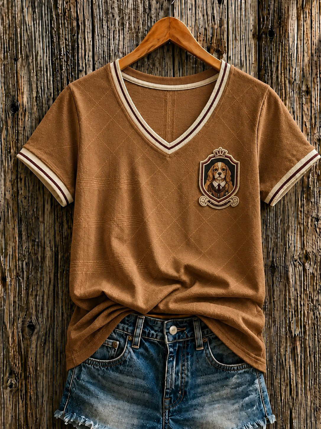 Cavalier King Charles Merch Crest Badge V-Neck T-Shirt Retro Apparel Dog Lover Gift - GWH