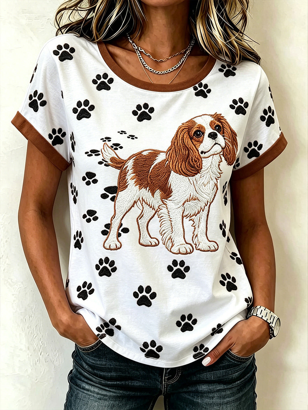 Cavalier King Charles Merch Paws Pattern T-Shirt Classic Apparel Gift For Wife - GWH