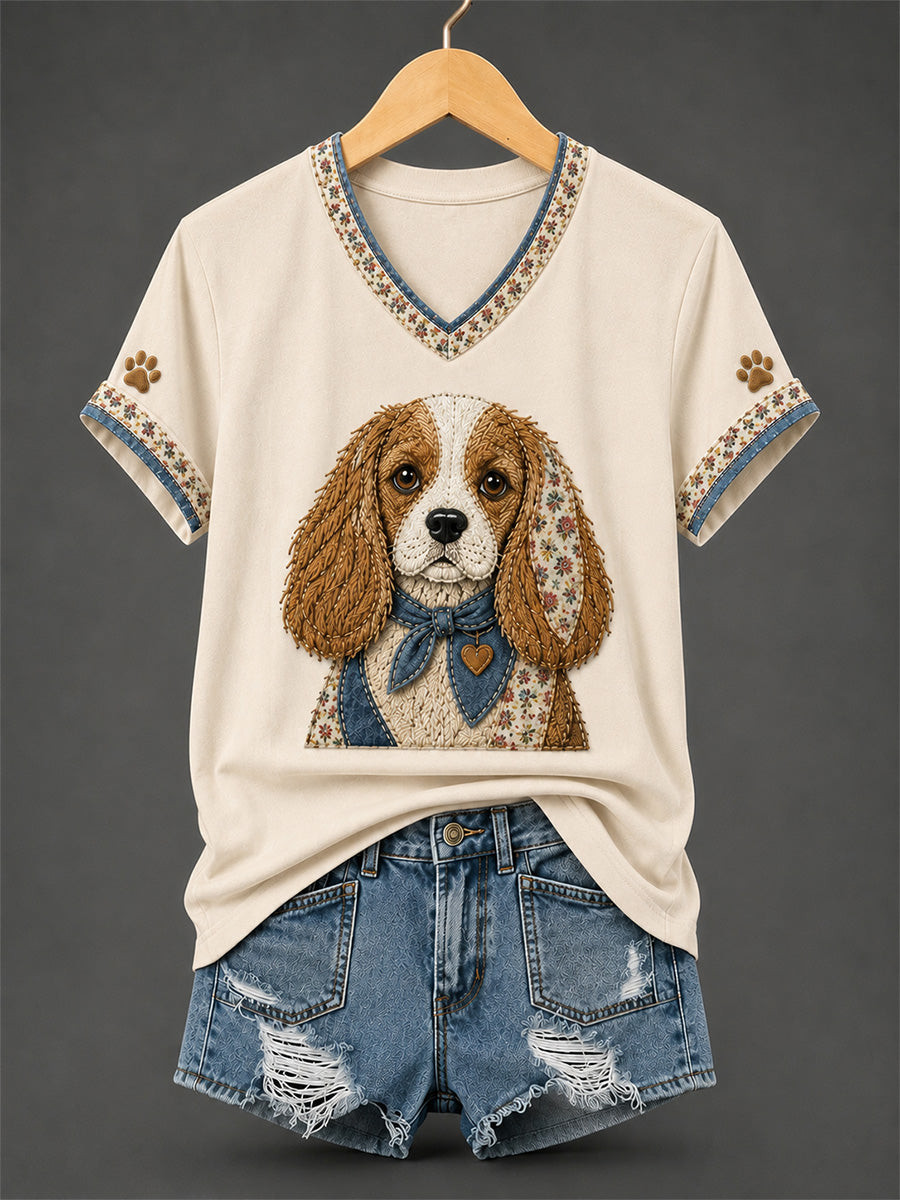 Cavalier Spaniel Retro Patchwork V-Neck T-Shirt Dog Lover Clothing Gifts For Pet Lovers - GWH