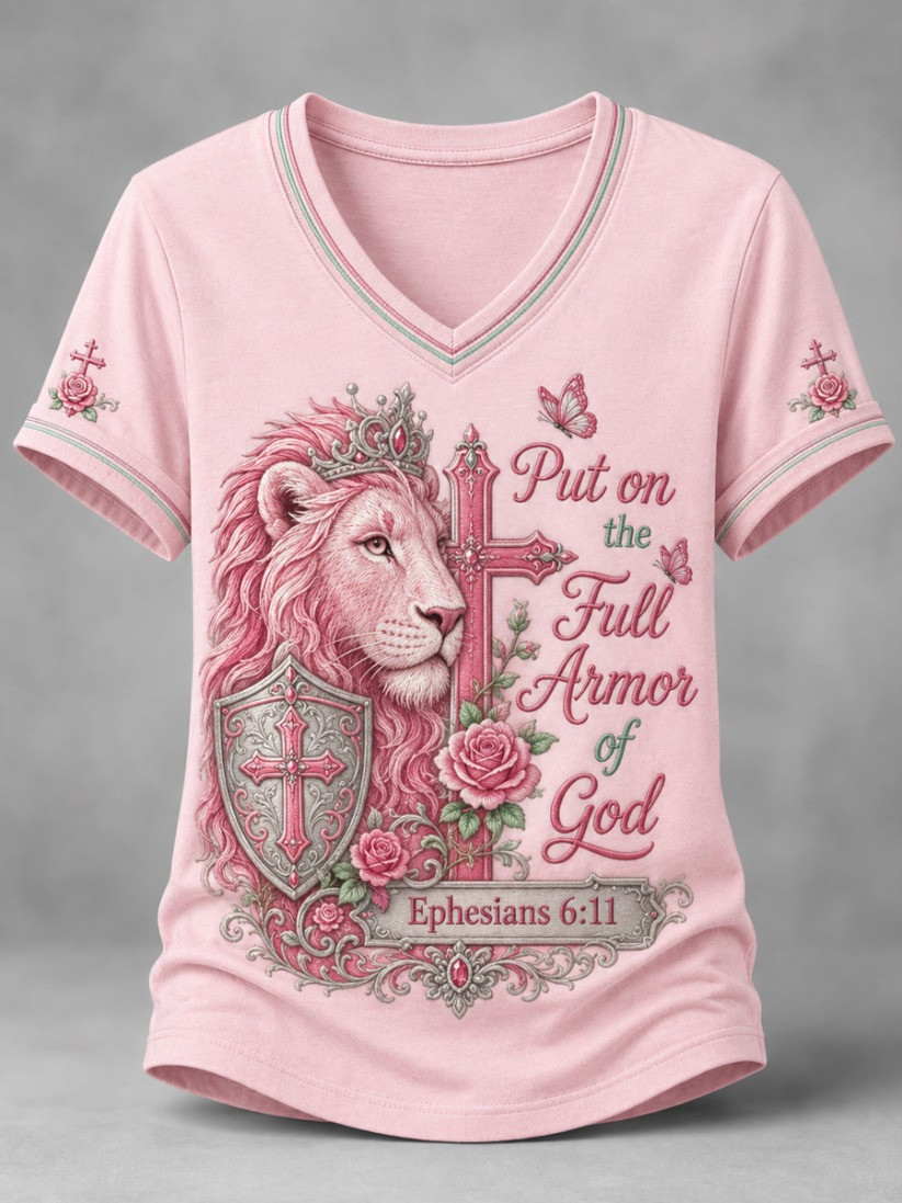 Christian Put On The Full Armor Of God V-Neck T-Shirt Gift For Women - GWH