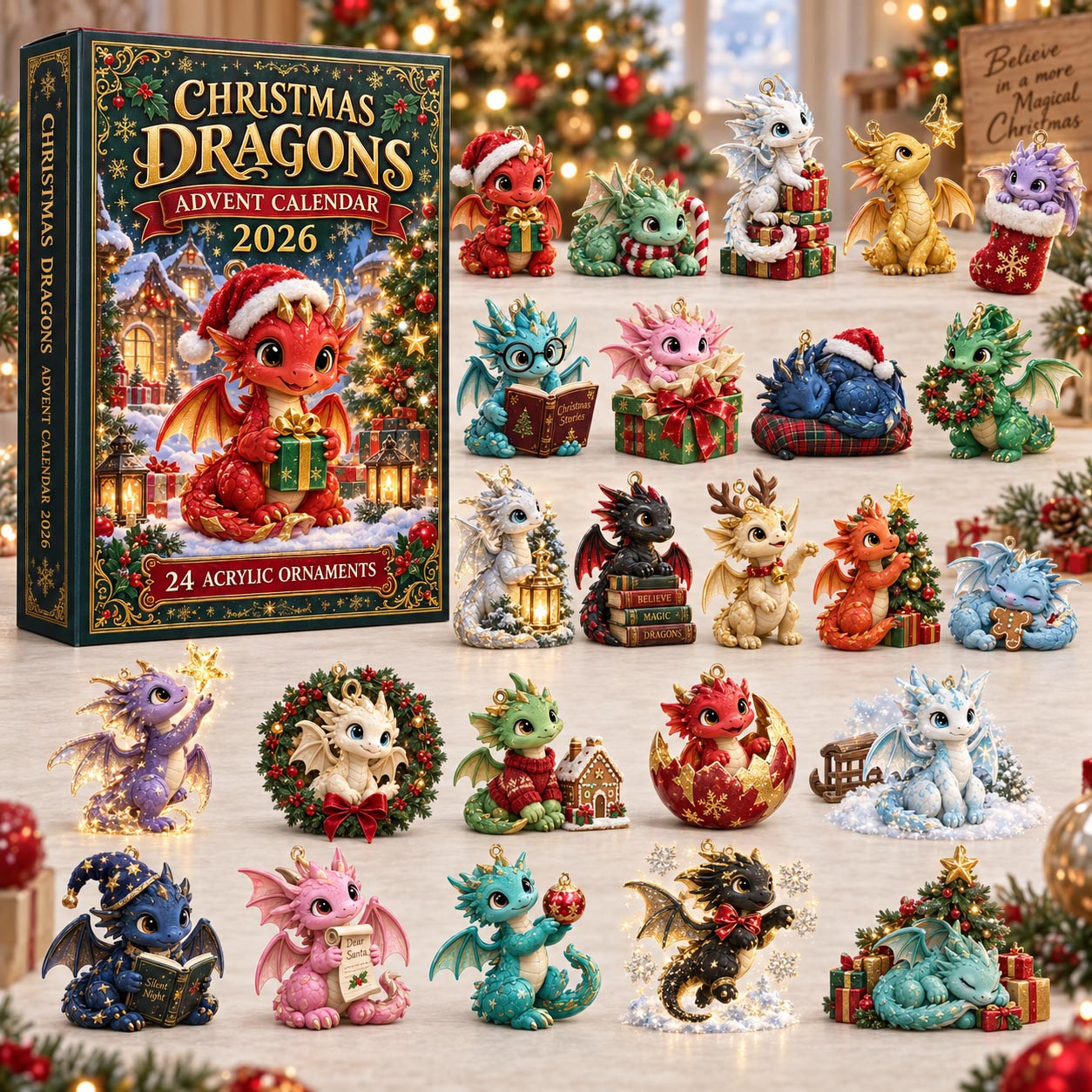 Christmas Dragons Advent Calendar 2026 24 Ornaments Countdown Christmas Gifts For Boys - GWH
