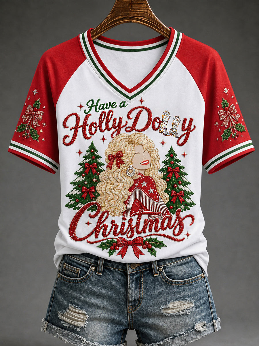 Christmas Merch Holly Dolly Music V-Neck T-Shirt Christmas Presents - GWH