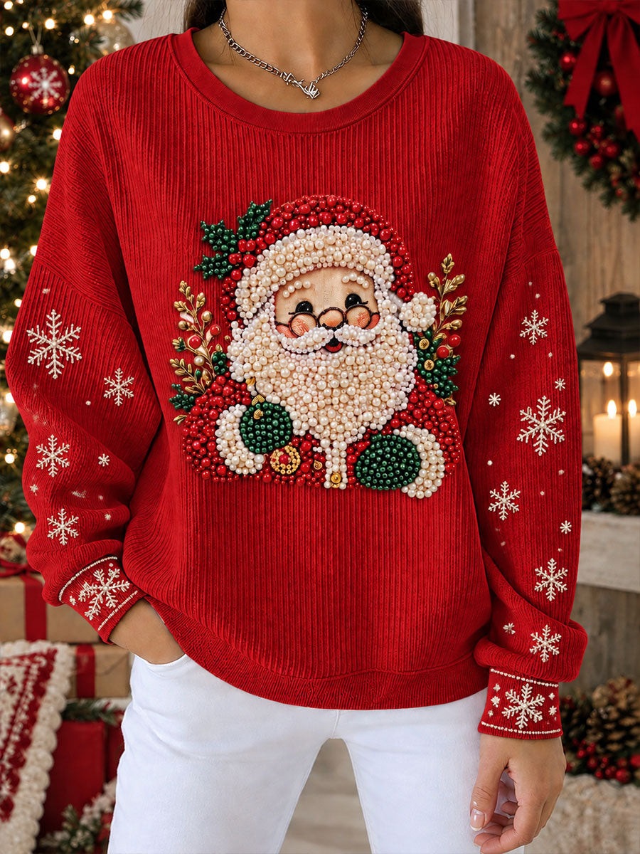 Christmas Merch Pearl Beaded Santa Face Sweatshirt Cute Christmas Clothing Gift For Mom - GWH