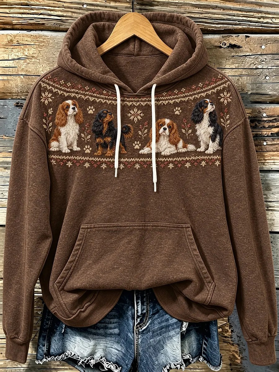Christmas Winter Merch Cute Spaniel Dogs Hoodie Brown Winter Pattern Apparel Gifts For Mom - GWH