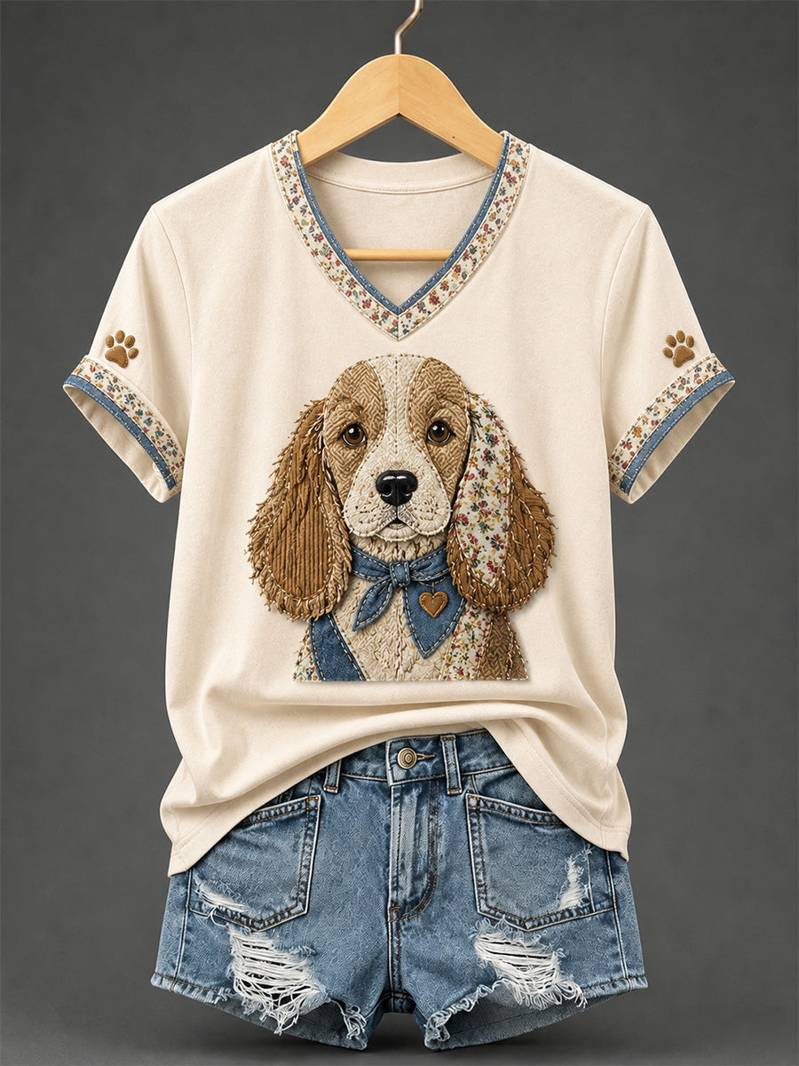Cocker Spaniel Retro Patchwork V-Neck T-Shirt Dog Lover Clothing Gifts For Dog Lovers - GWH