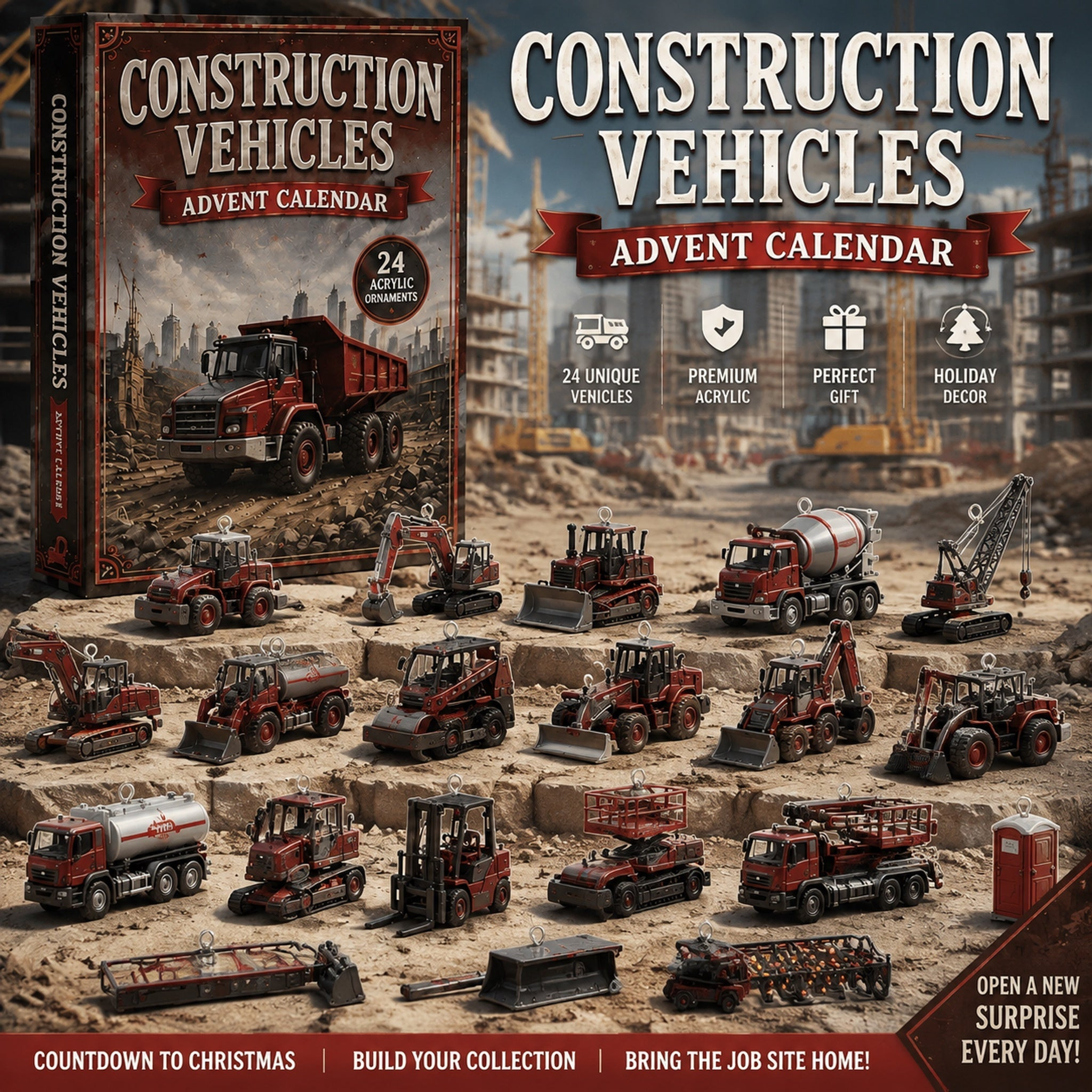 Construction Vehicles Fleet Advent Calendar 2026 24 Day Festive Countdown Box Gift For Men - GWH