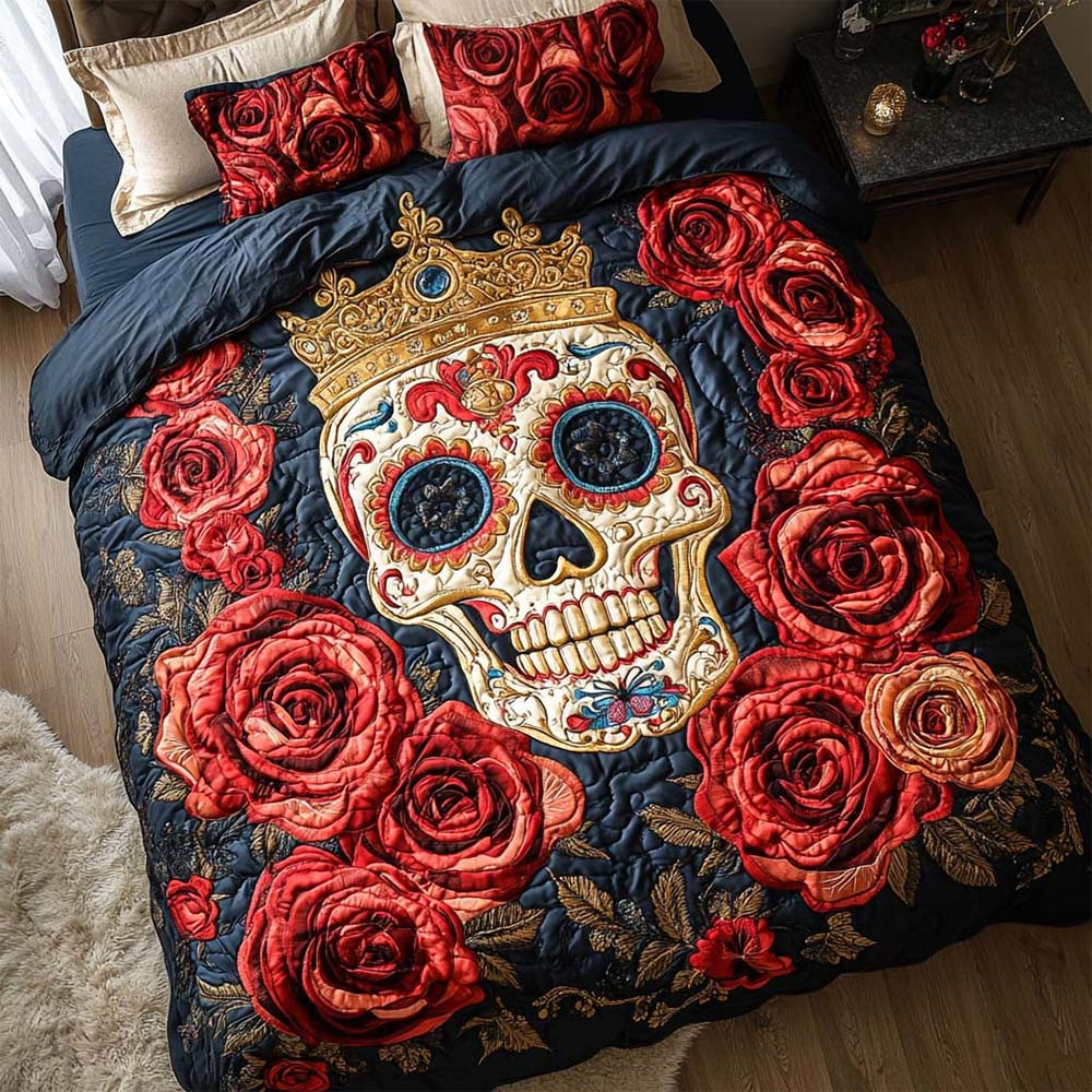 Crowned Death Quilted Bedding Set Day Of The Dead Bedroom Decor - GWH