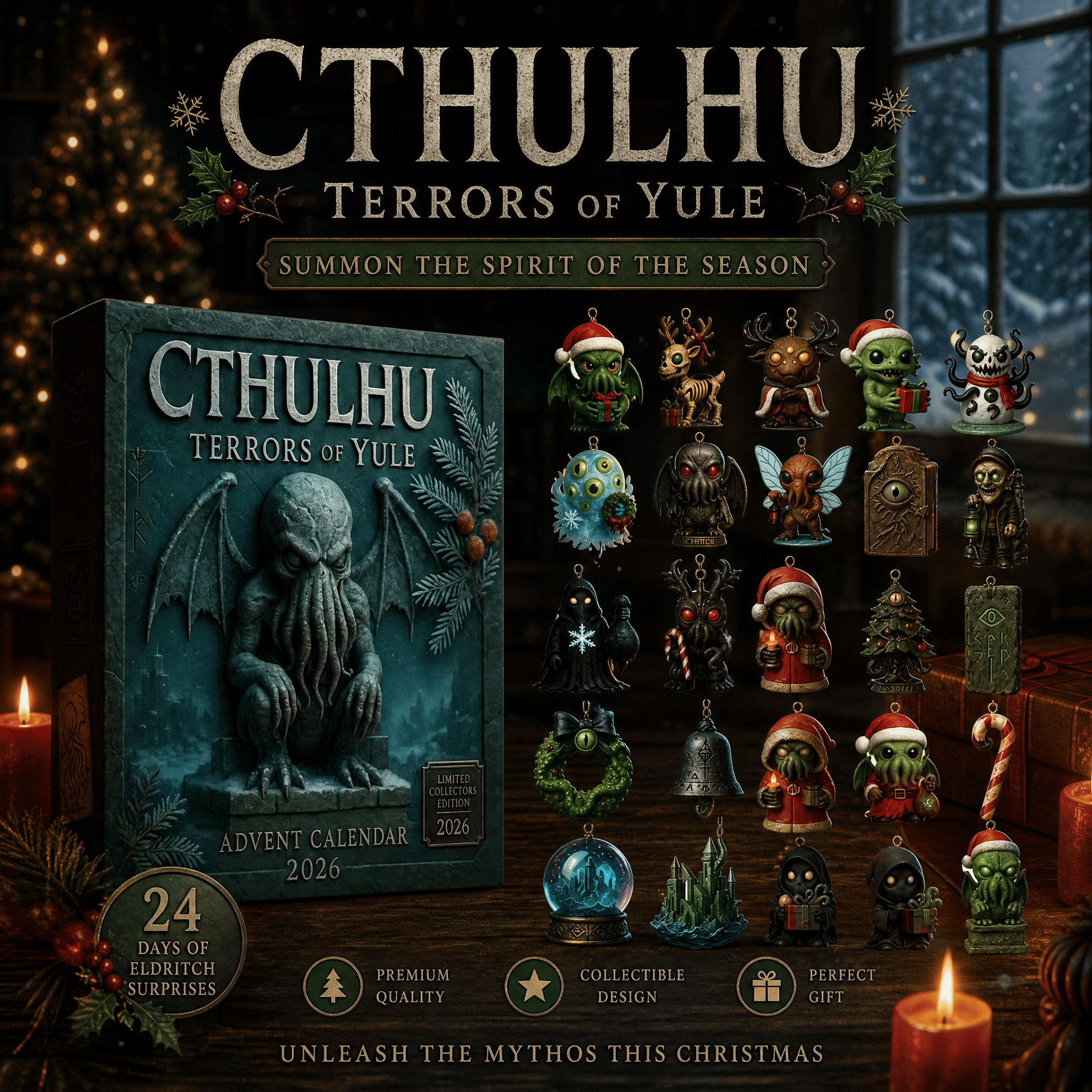 Cthulhu Terrors of Yule Advent Calendar 24 Day Ornaments Christmas Countdown Gift For Him - GWH