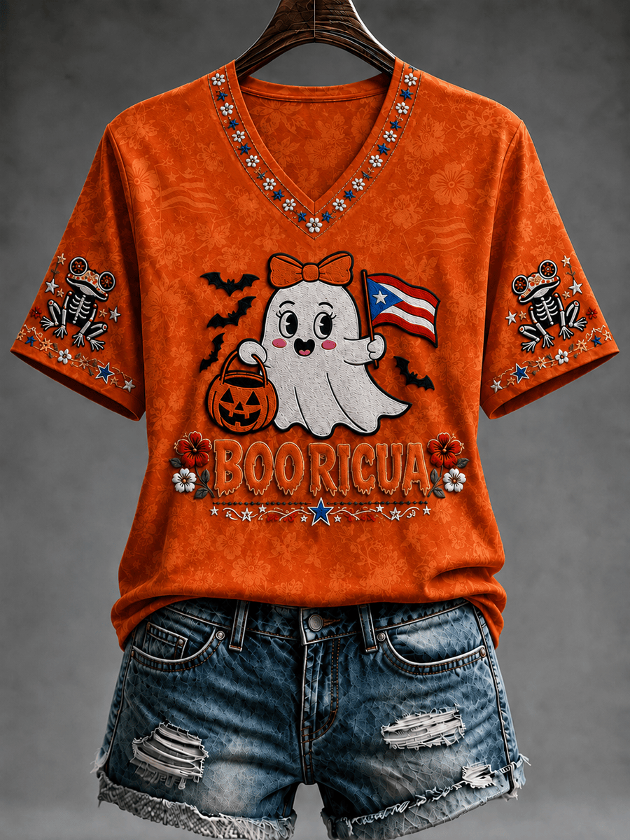 Cute Booricua Ghost Halloween V-Neck Shirt Spooky Squad Monster Apparel Presents For Her - Gwh
