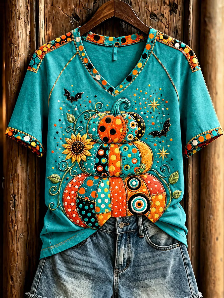 Cute Pumpkin Patch Turquoise V-Neck Shirt Halloween Themed Clothes Gifts For Halloween Lovers - Gwh