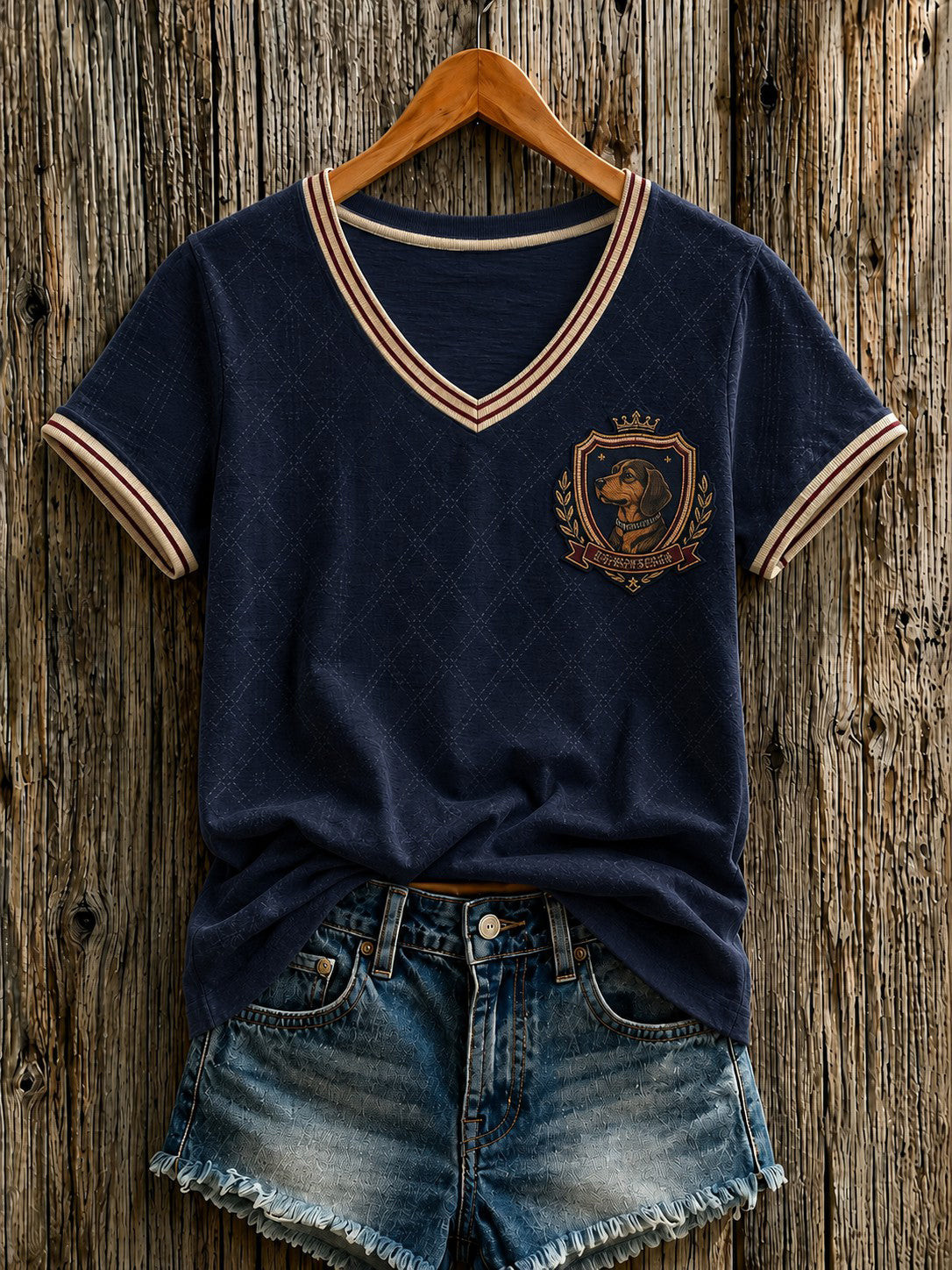 Dachshund Dog Merch Crest Shield V-Neck T-Shirt Vintage Apparel Gift For Mom - GWH