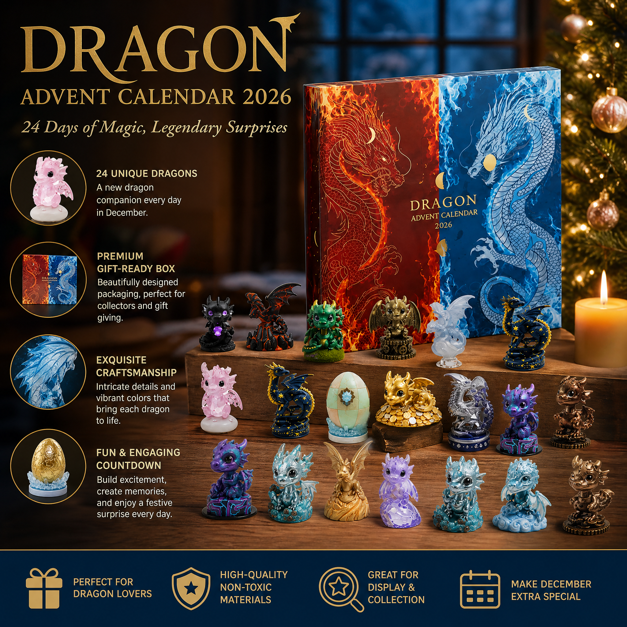 Dragon Advent Calendar 24 Day Acrylic Ornaments Christmas Countdown Dragon Lover Gift - GWH