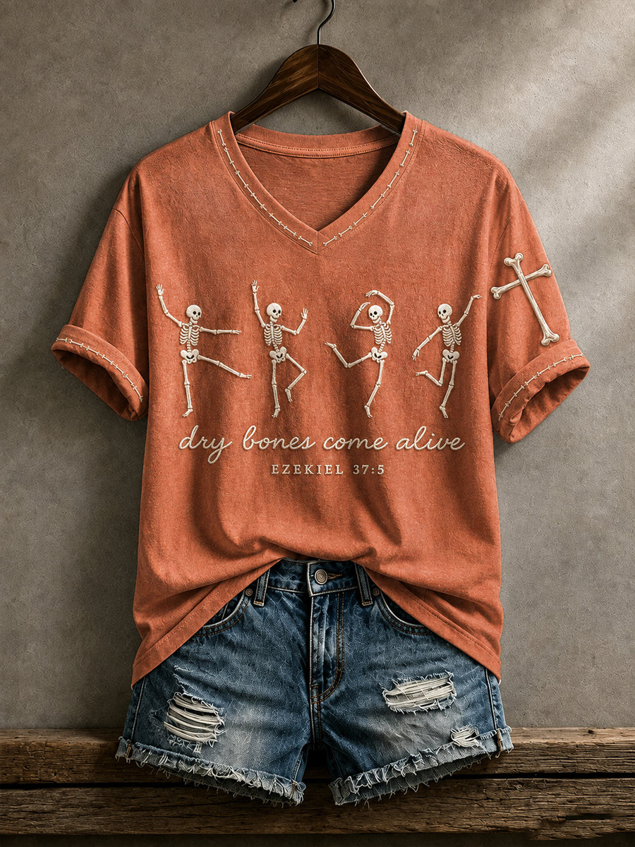 Dry Bones Come Alive V-Neck Shirt Dancing Skeletons Orange Clothing Gift For Her - Gwh